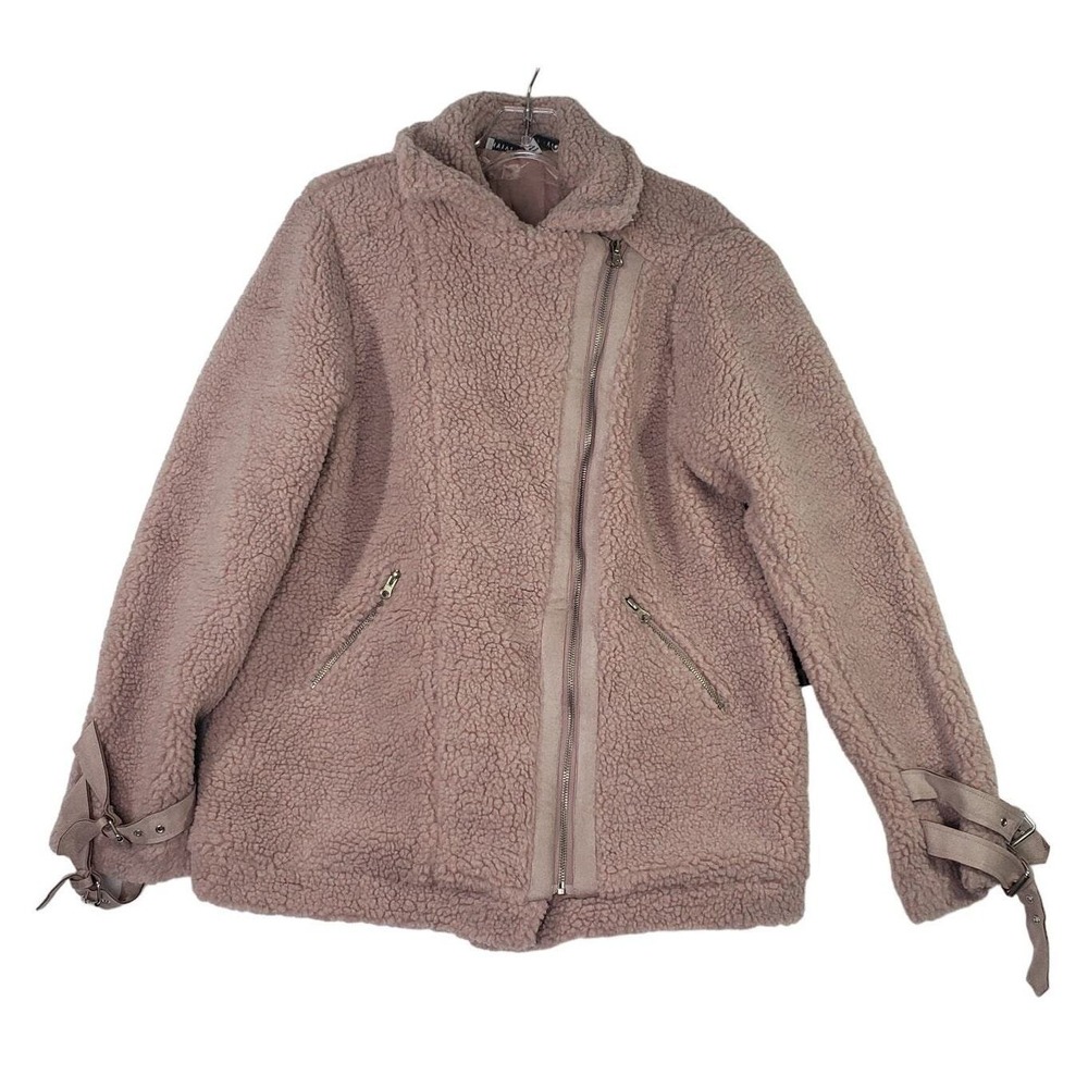 HYFVE Womens Large Sherpa Moto Jacket Faux Fur Pink Zip‎ Up Buckle Accents Cozy